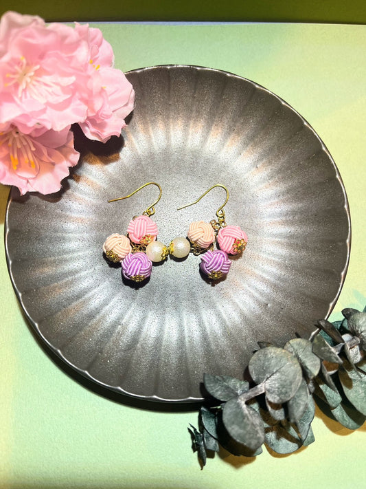 Pink × purple triple ball earrings for Women, Japan Traditional Crafts, Sustainable Japanese Washi Paper Accessories, Ultra-lightweight, Earrings for Gifts