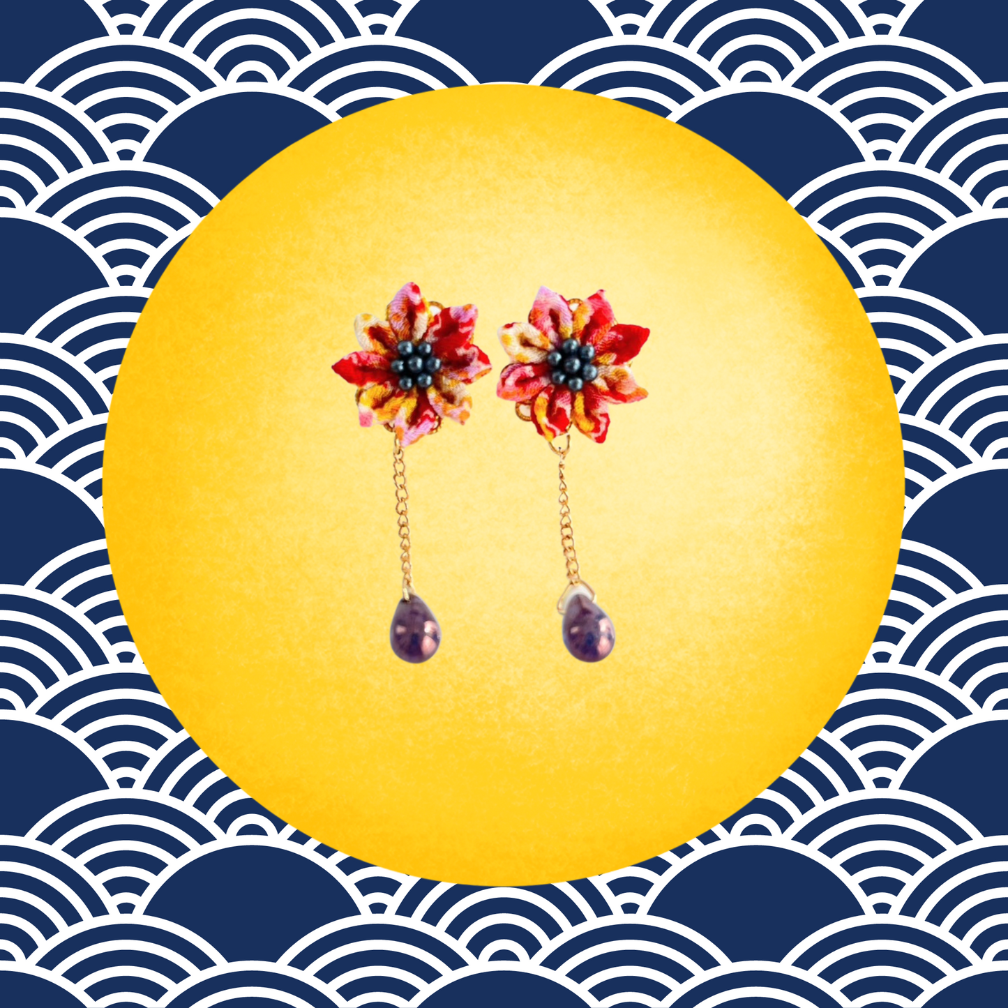 Kimono pattern red color for special anniversaries | Earrings | Tsumami-zaiku| Handmade in Japan