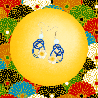 Love JAPAN Blue & Pretty White Flowers | Earrings | Mizuhiki | Only one Japan handmade in the world