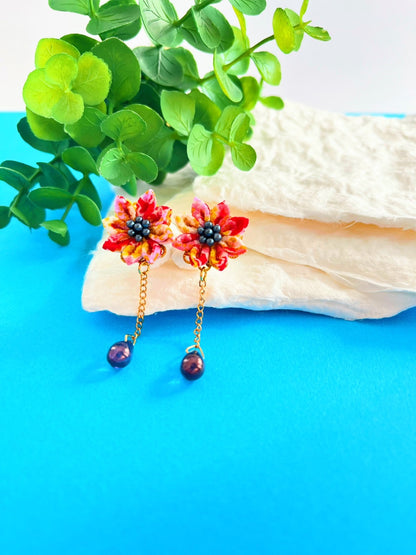 Kimono pattern red color for special anniversaries | Earrings | Tsumami-zaiku| Handmade in Japan