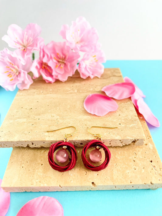 Red bean color that warms the hearts of Japan people | Earrings | Mizuhiki |  Handmade in Japan