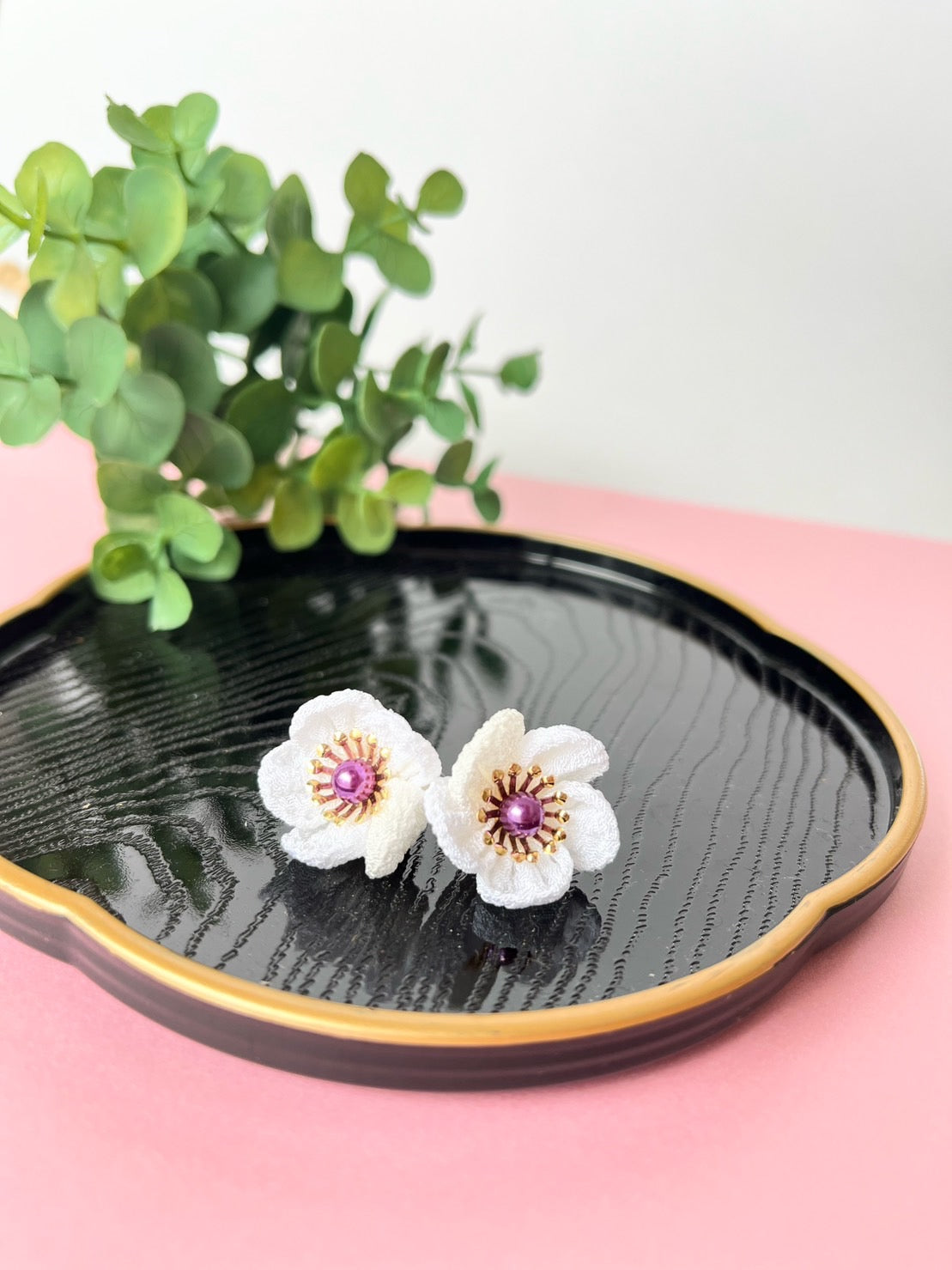 White Plum Flower Earrings | Tsumami-zaiku | Japan Handmade | Flower Arrangement Earrings | Sustainable Accessory | lovely Earrings | Best Gift Ideas | Eco Friendly Products