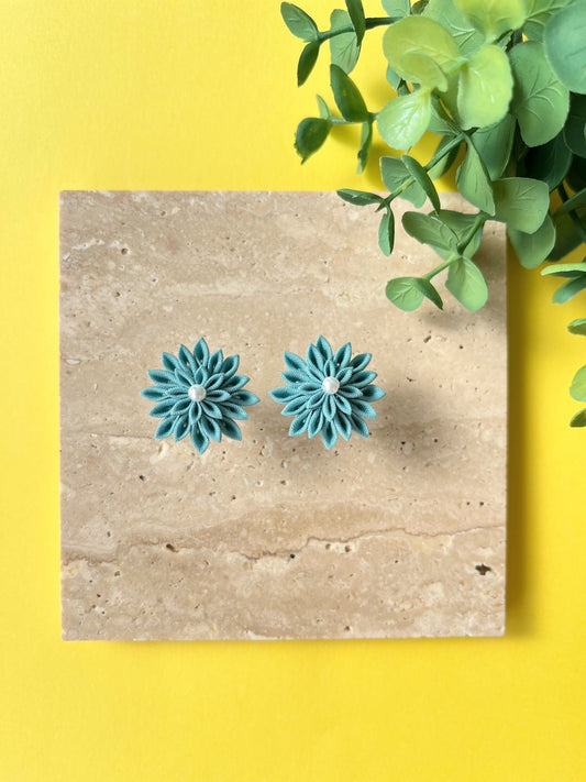Blue Dahlia Earrings | Tsumami-zaiku | Japan Handmade | Flower Arrangement Earrings | Sustainable Accessory | Cool Elegant Earrings | Best Gift Ideas | Eco Friendly Products