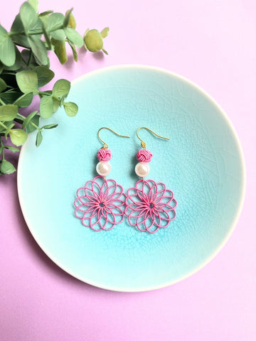 Vivid Pink Flower Earring | Earrings | Mizuhiki| Handmade in Japan