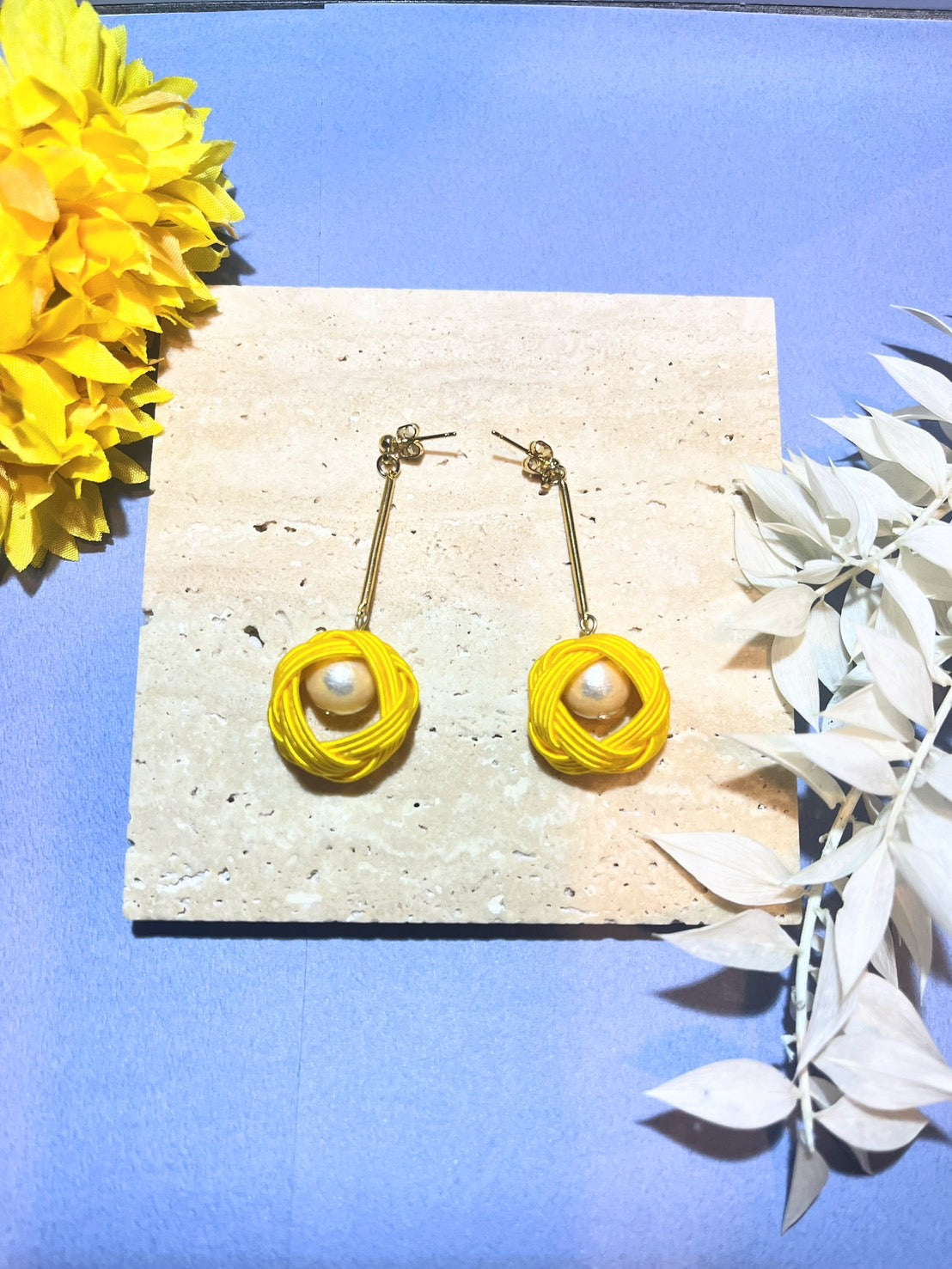 Yellow Cotton Pearl Earrings for Women,  Japan Traditional Crafts, Sustainable Japanese Washi Paper Accessories, Ultra-lightweight, Earrings for Gifts