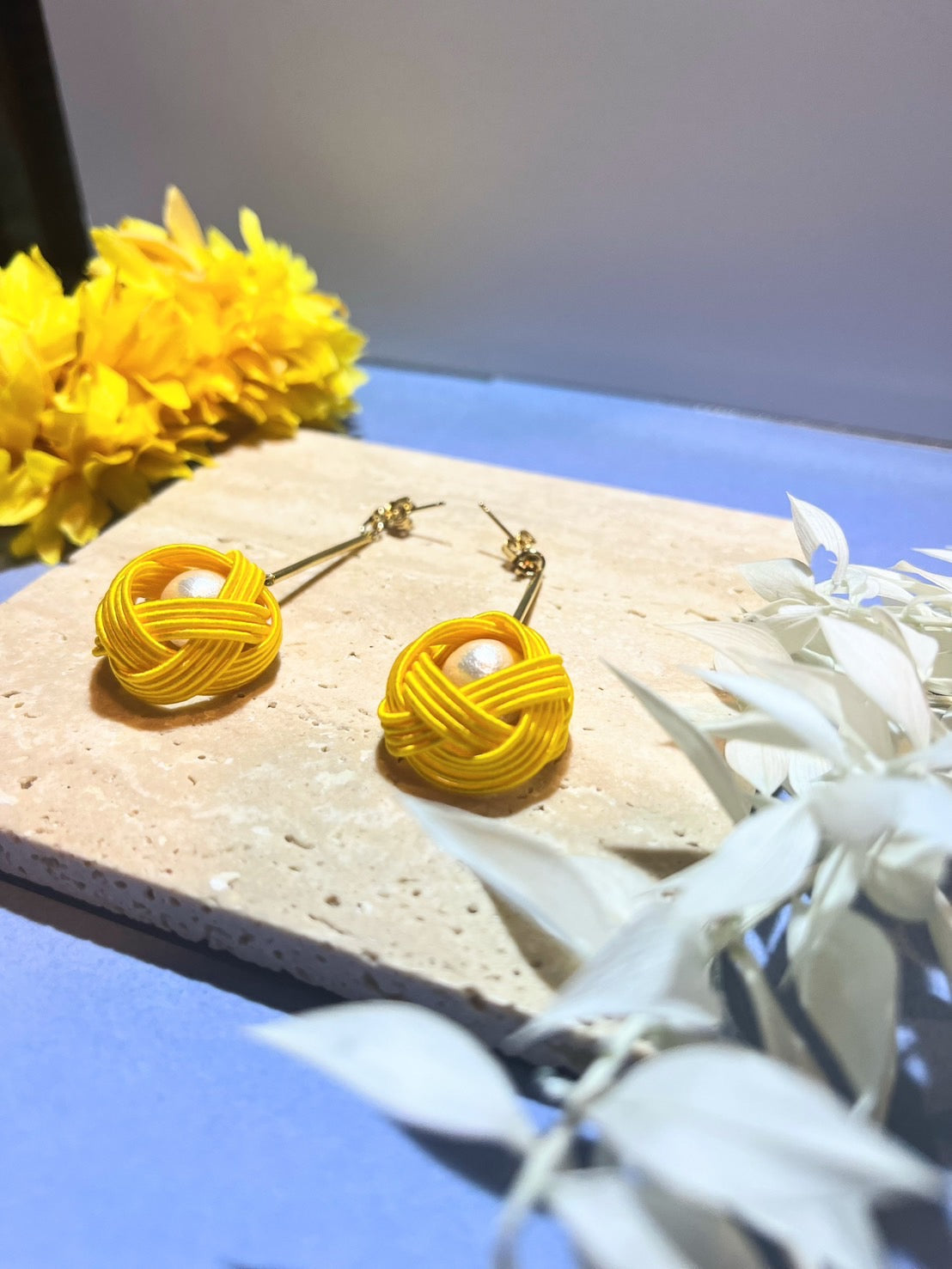 Yellow Cotton Pearl Earrings for Women,  Japan Traditional Crafts, Sustainable Japanese Washi Paper Accessories, Ultra-lightweight, Earrings for Gifts