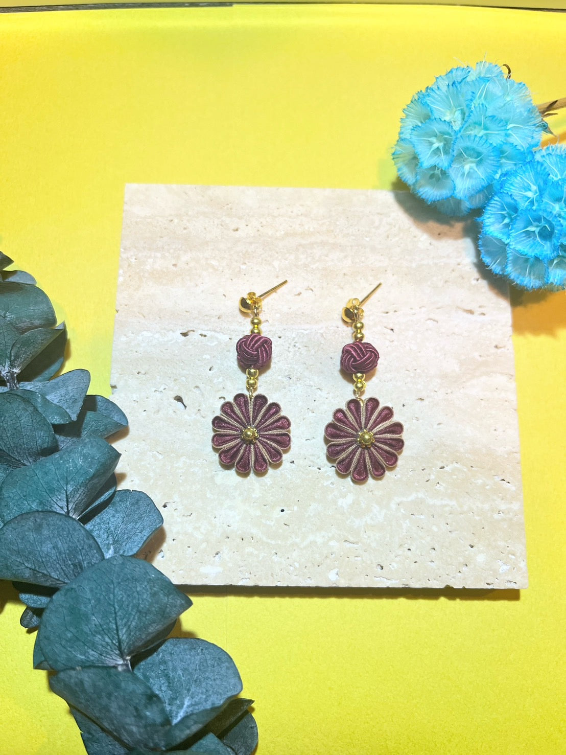 Dark red Japan flower earrings for Women,  Japan Traditional Crafts, Sustainable Japanese Kimono fabric Accessories, Ultra-lightweight, Earrings for Gifts