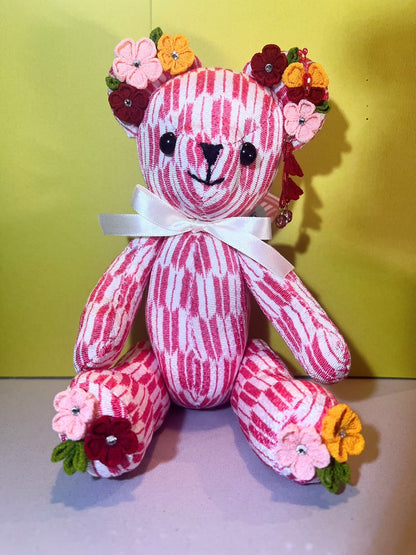 Pink Flower Teddy Bear for Women,  Japan Traditional Crafts, Sustainable Japanese Kimono fabric doll, Doll for Gifts