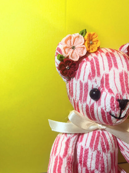 Pink Flower Teddy Bear for Women,  Japan Traditional Crafts, Sustainable Japanese Kimono fabric doll, Doll for Gifts