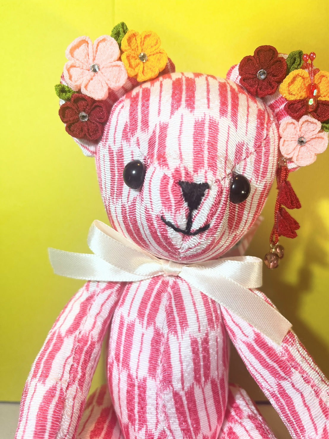 Pink Flower Teddy Bear for Women,  Japan Traditional Crafts, Sustainable Japanese Kimono fabric doll, Doll for Gifts