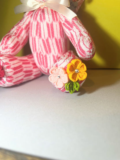 Pink Flower Teddy Bear for Women,  Japan Traditional Crafts, Sustainable Japanese Kimono fabric doll, Doll for Gifts