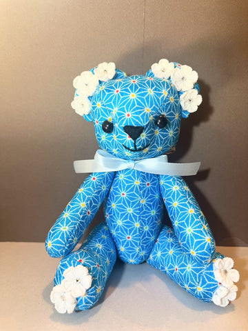 Blue Flower Teddy Bear for Women,  Japan Traditional Crafts, Sustainable Japanese Kimono fabric doll, Doll for Gifts