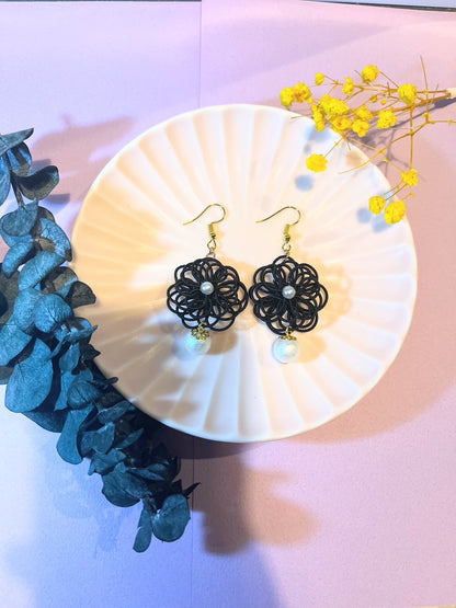 Black Flower Original Earrings for Women,  Japan Traditional Crafts, Sustainable Japanese Washi Paper Accessories, Ultra-lightweight, Earrings for Gifts