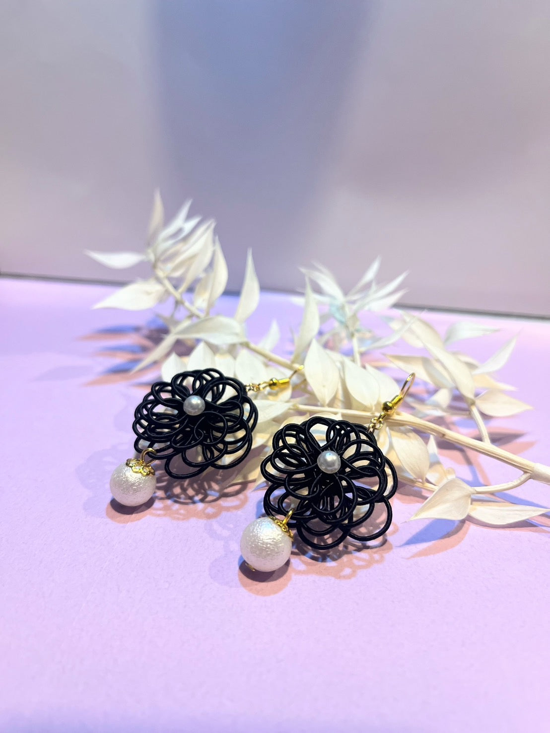 Black Flower Original Earrings for Women,  Japan Traditional Crafts, Sustainable Japanese Washi Paper Accessories, Ultra-lightweight, Earrings for Gifts